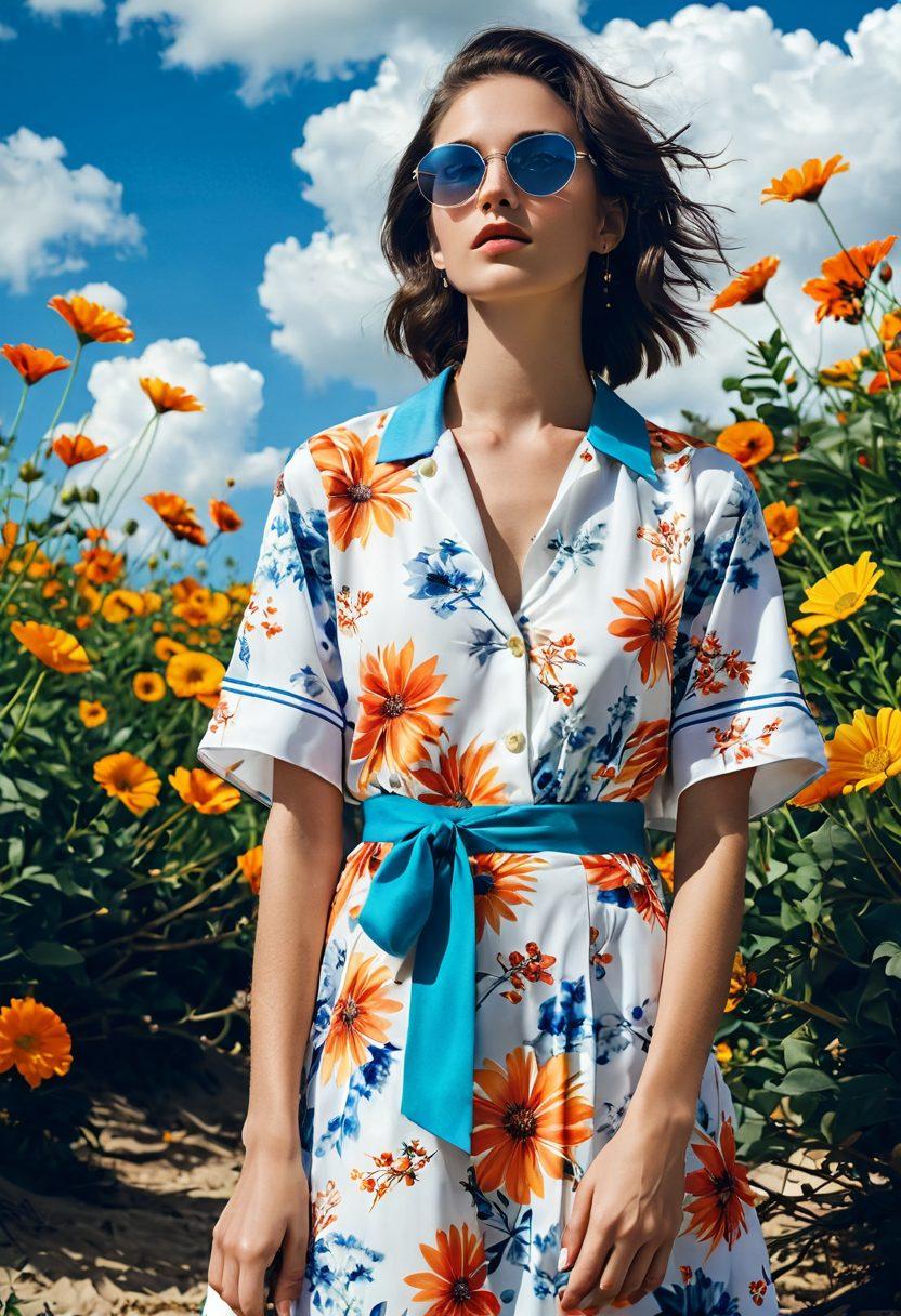 A striking summer fashion scene showcasing a model gracefully transitioning from somber, muted tones to vibrant, eye-catching colors. Surround the model with blooming flowers and sunlight breaking through clouds, symbolizing the transformation from melancholy to radiance. Feature a stylish summer outfit that incorporates light fabrics and bold patterns, evoking positivity and joy. Incorporate a serene beach backdrop to enhance the summer vibe. super-realistic. vibrant colors. high contrast.